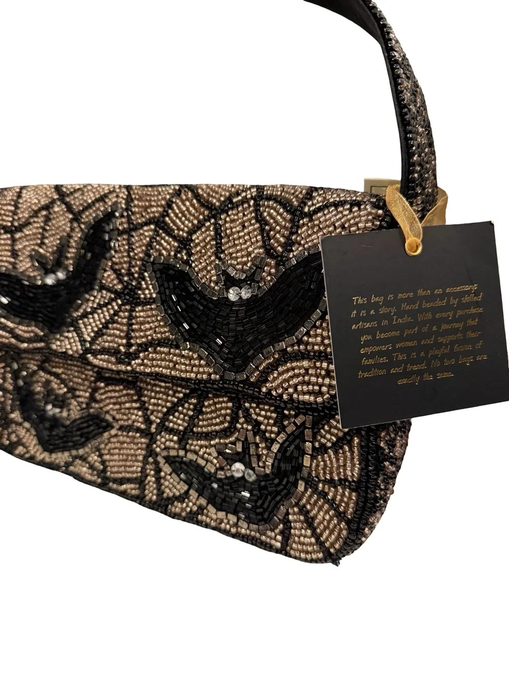 Viral Bat Spiderweb Beaded Bag Black Gold NWT